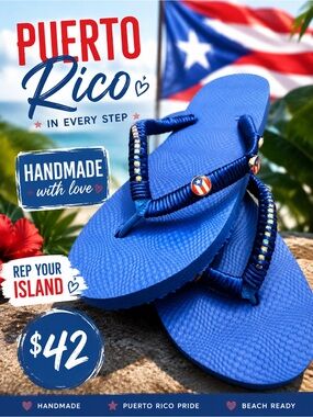 🩷. S-28. Puerto Rico Handmade Blue Beaded Flip Flops